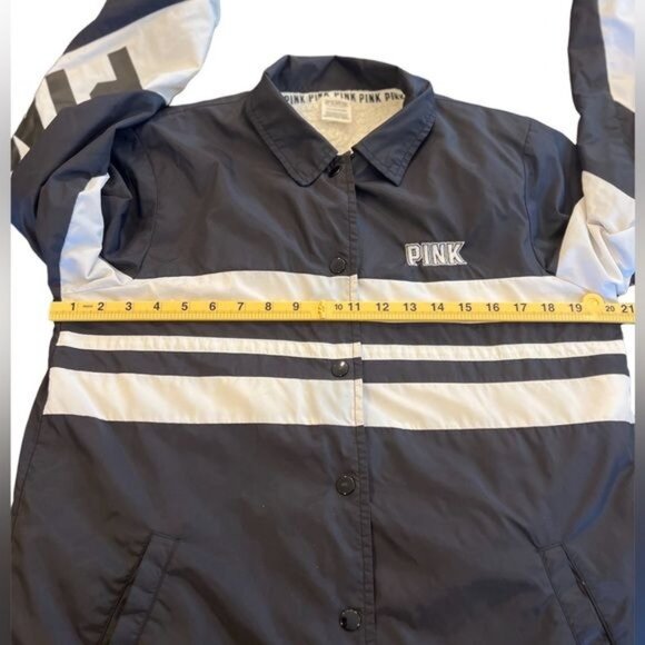 Victoria's Secret Pink Sherpa Lined Snap Button Coaches Jacket Black Logo Small - Picture 10 of 13